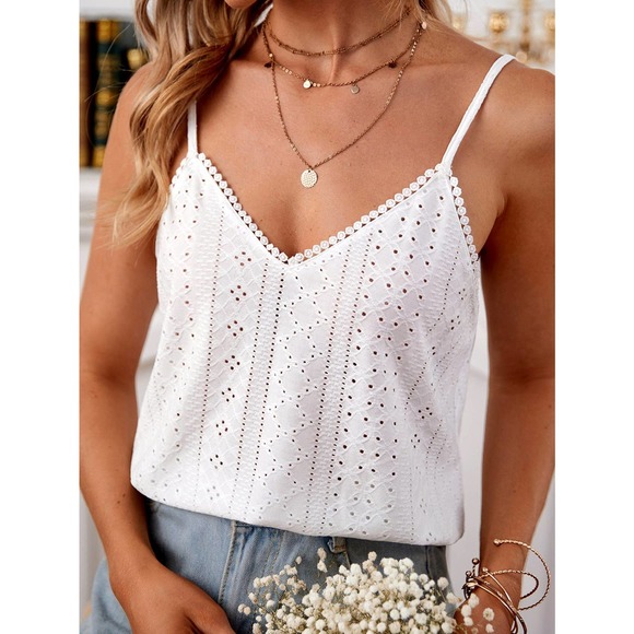 boho Eyelet Embroidery Contrast Guipure Lace Scallop Trim Cami tank Top white - Picture 2 of 11